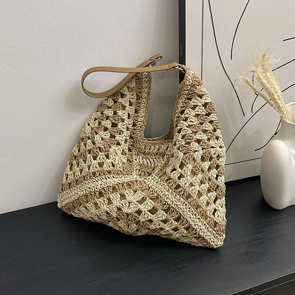 Handmade Straw Shoulder Bag – Hollow Woven Contrast Design