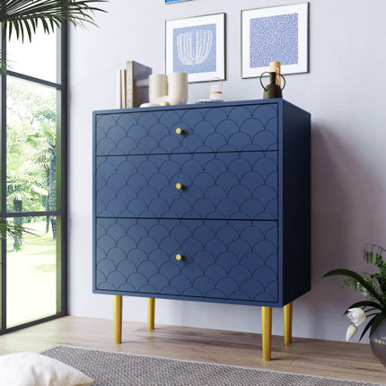 Modern Navy Blue Chest of Drawers – 3-Drawer Dresser with Fish Scale Design & Metal Legs