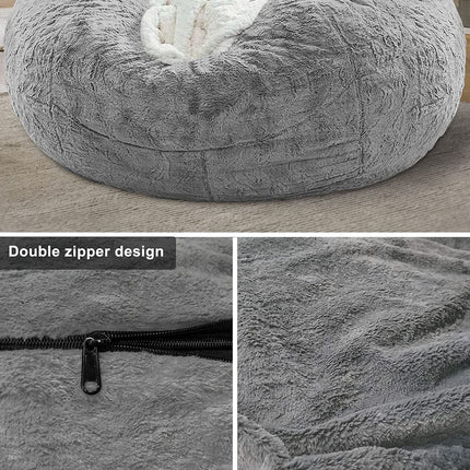 Bean Bag Chair Cover - Soft Fluffy PV Velvet, 6Ft Light Grey, for Living Room Furniture, Not a Full Cushion