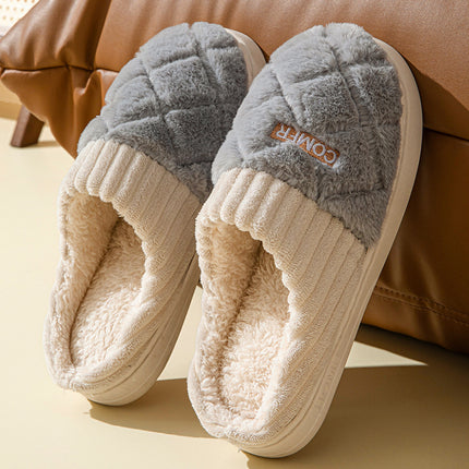 Solid Rhombic Plush Home Slippers – Winter Warm & Non-Slip
