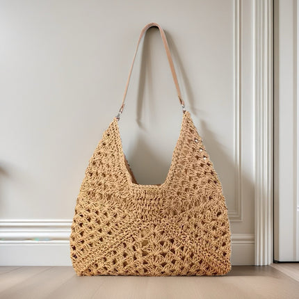 Handmade Straw Shoulder Bag – Hollow Woven Contrast Design