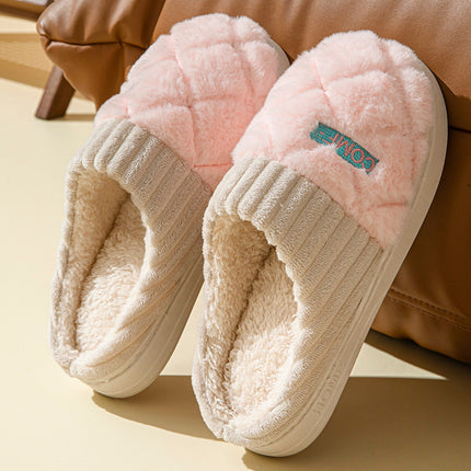 Solid Rhombic Plush Home Slippers – Winter Warm & Non-Slip