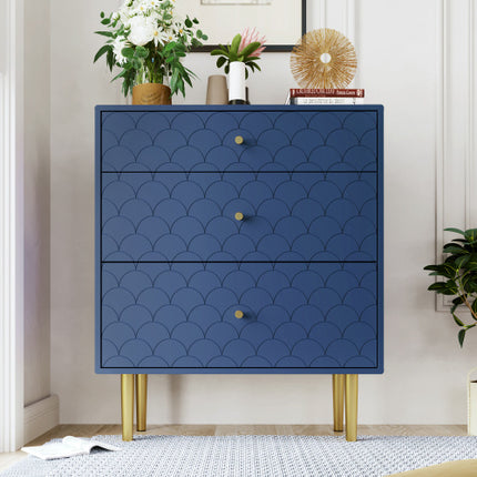 Modern Navy Blue Chest of Drawers – 3-Drawer Dresser with Fish Scale Design & Metal Legs