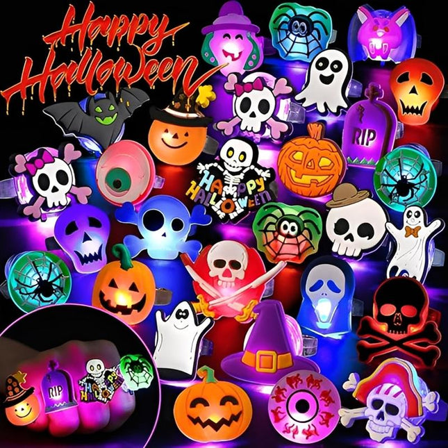 Glowing Halloween Rings – 50Pcs Pumpkin, Skull & Ghost LED