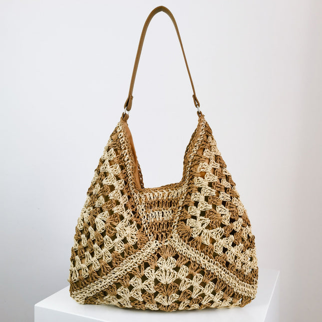 Handmade Straw Shoulder Bag – Hollow Woven Contrast Design