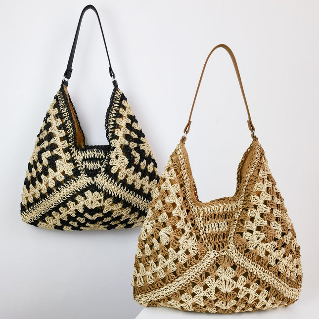 Handmade Straw Shoulder Bag – Hollow Woven Contrast Design