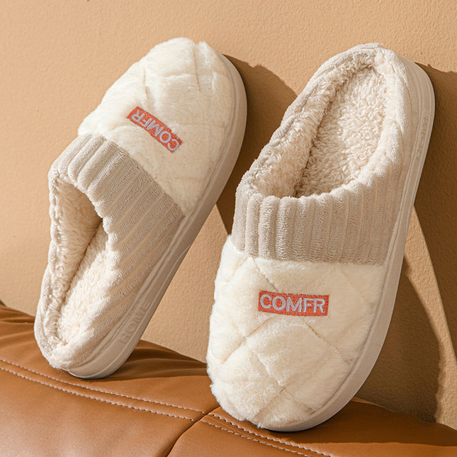 Solid Rhombic Plush Home Slippers – Winter Warm & Non-Slip
