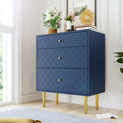 Modern Navy Blue Chest of Drawers – 3-Drawer Dresser with Fish Scale Design & Metal Legs
