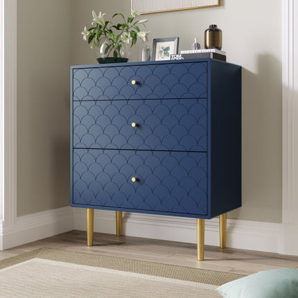 Modern Navy Blue Chest of Drawers – 3-Drawer Dresser with Fish Scale Design & Metal Legs