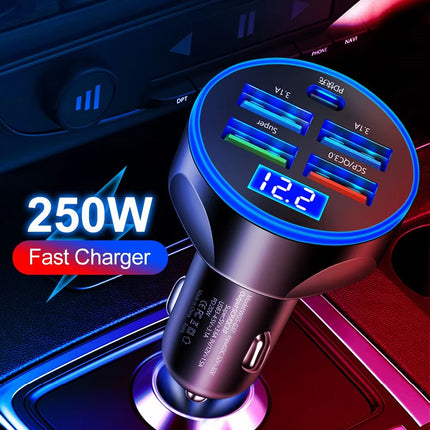 250W Car Charger – 4 USB PD & Type-C Fast Charging Adapter (QC 3.0)