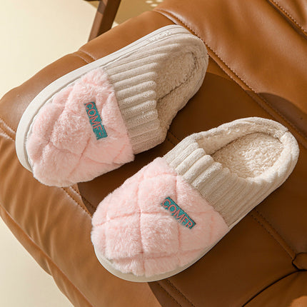 Solid Rhombic Plush Home Slippers – Winter Warm & Non-Slip