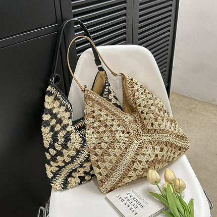 Handmade Straw Shoulder Bag – Hollow Woven Contrast Design