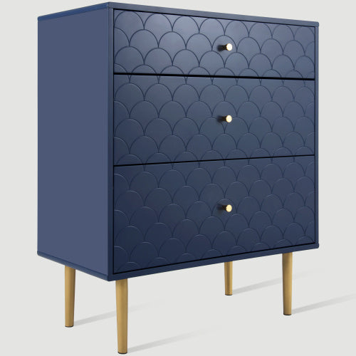 Modern Navy Blue Chest of Drawers – 3-Drawer Dresser with Fish Scale Design & Metal Legs