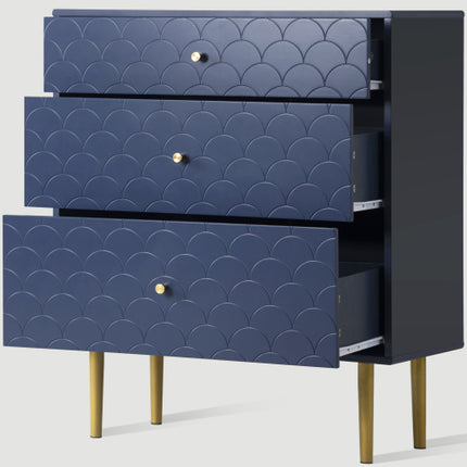 Modern Navy Blue Chest of Drawers – 3-Drawer Dresser with Fish Scale Design & Metal Legs