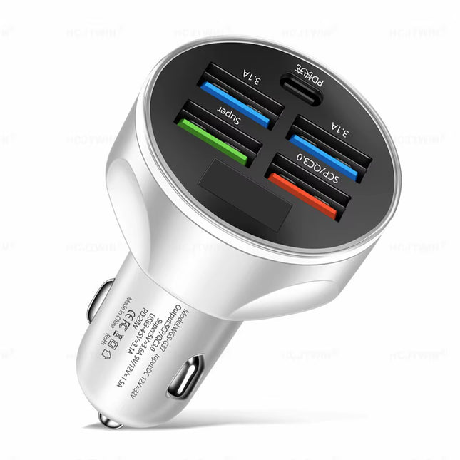 250W Car Charger – 4 USB PD & Type-C Fast Charging Adapter (QC 3.0)