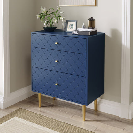 Modern Navy Blue Chest of Drawers – 3-Drawer Dresser with Fish Scale Design & Metal Legs