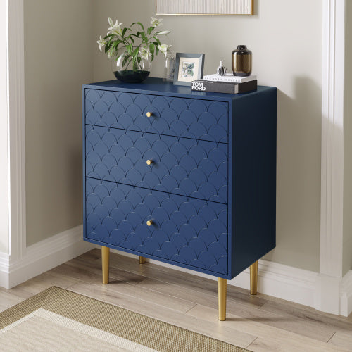 Modern Navy Blue Chest of Drawers – 3-Drawer Dresser with Fish Scale Design & Metal Legs