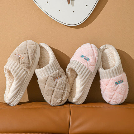 Solid Rhombic Plush Home Slippers – Winter Warm & Non-Slip