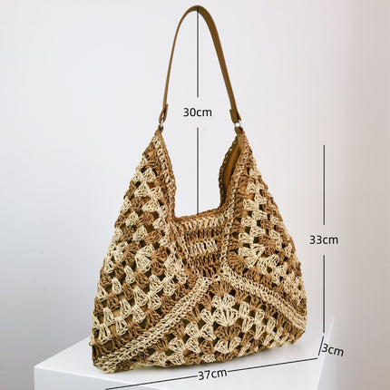 Handmade Straw Shoulder Bag – Hollow Woven Contrast Design