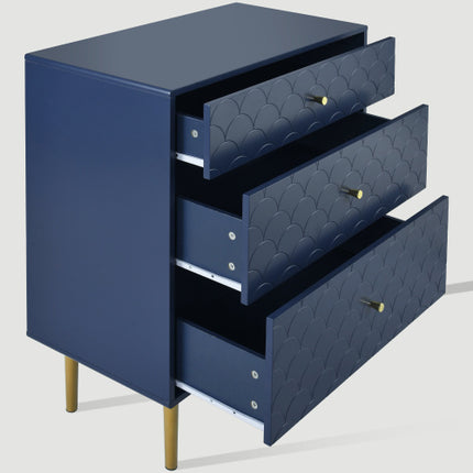 Modern Navy Blue Chest of Drawers – 3-Drawer Dresser with Fish Scale Design & Metal Legs