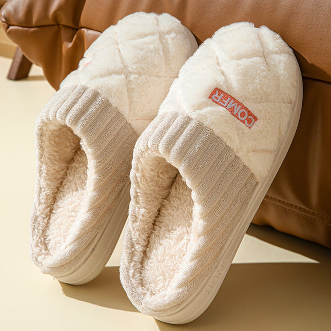 Solid Rhombic Plush Home Slippers – Winter Warm & Non-Slip