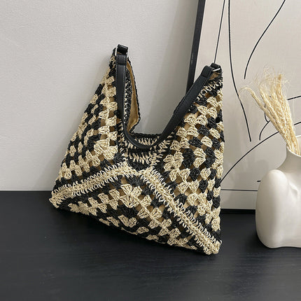 Handmade Straw Shoulder Bag – Hollow Woven Contrast Design