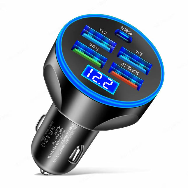 250W Car Charger – 4 USB PD & Type-C Fast Charging Adapter (QC 3.0)