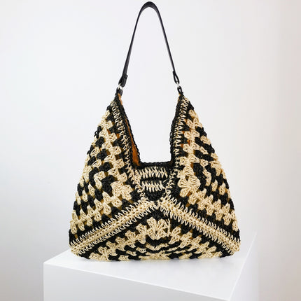 Handmade Straw Shoulder Bag – Hollow Woven Contrast Design